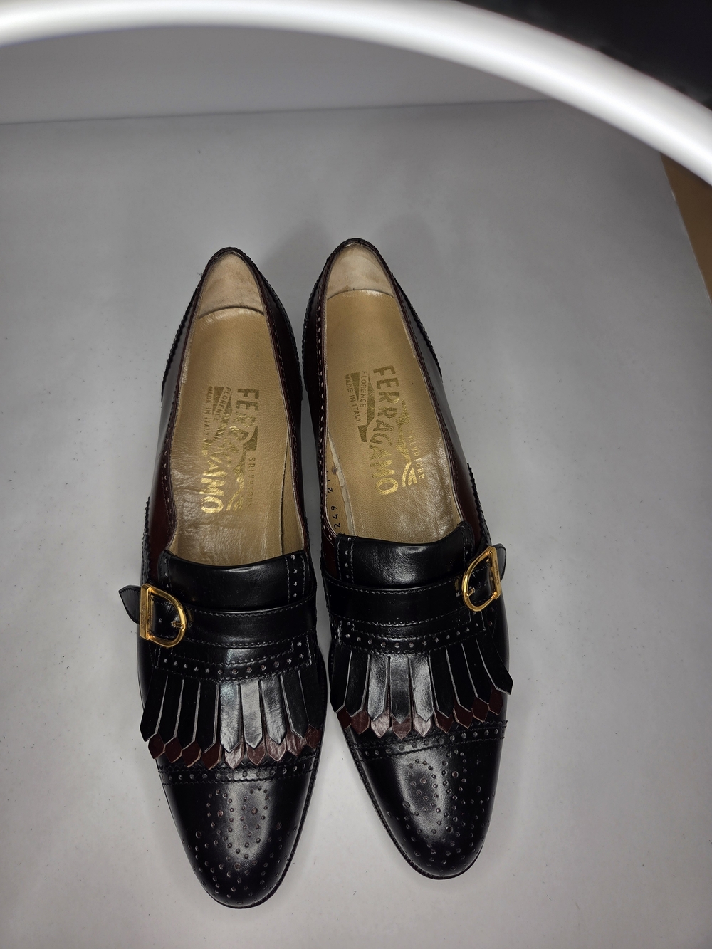 Vintage Salvatore Ferragamo Kiltie Monk Strap Loafers Black Burgudy Leather 7 4A